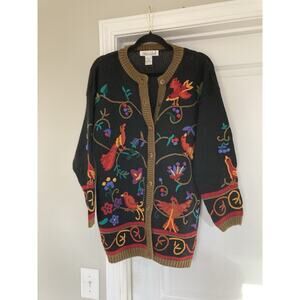 Vintage 1993 Debra Lubell Embroidered Bird Colorful Sweater Cardigan Size M
